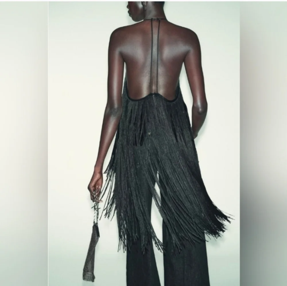 ZARA Fringed Velvet Halter Top Black Size XS S